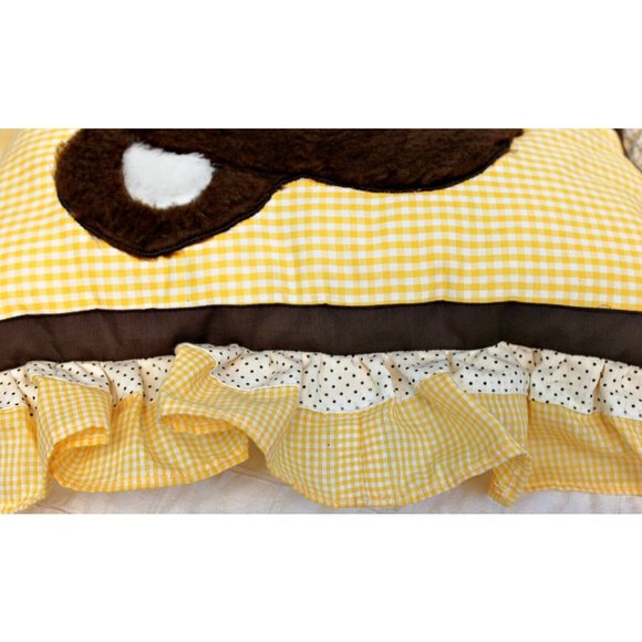 Vtg 70's 80's Hand Made Plaid Yellow Pillow Bear Face Brown Faux Fur Ruffle Trim - Picture 4 of 4